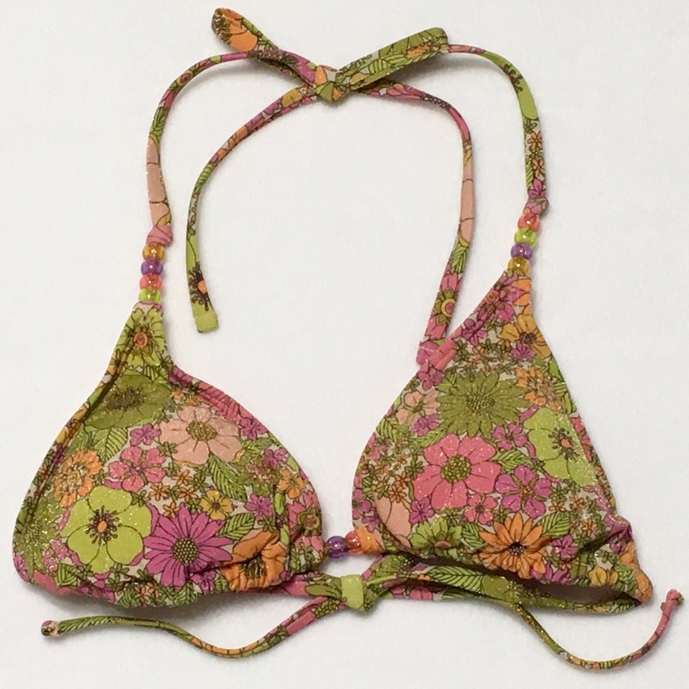 Wild Fable Women's XS (2-4) Sparkle Floral Beaded Strap Triangle Bikini Tie Top